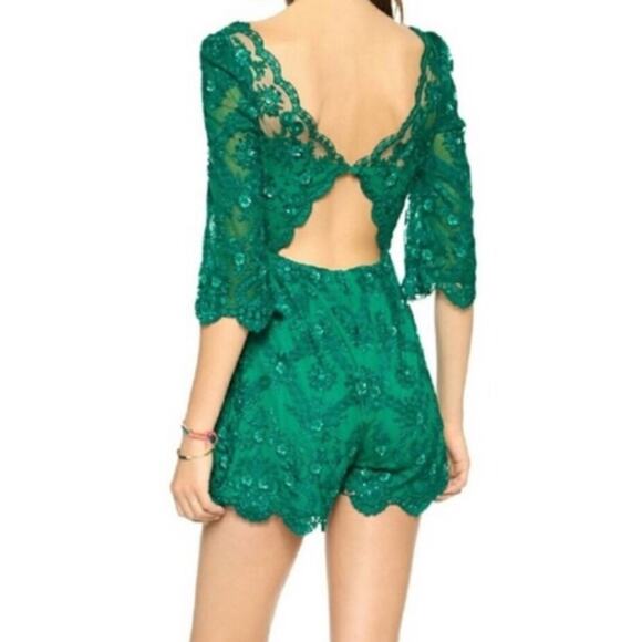 FREE PEOPLE Green Lace Embroidered Beaded Shorts Romper Women's Size 4 FLAWED - Picture 14 of 14